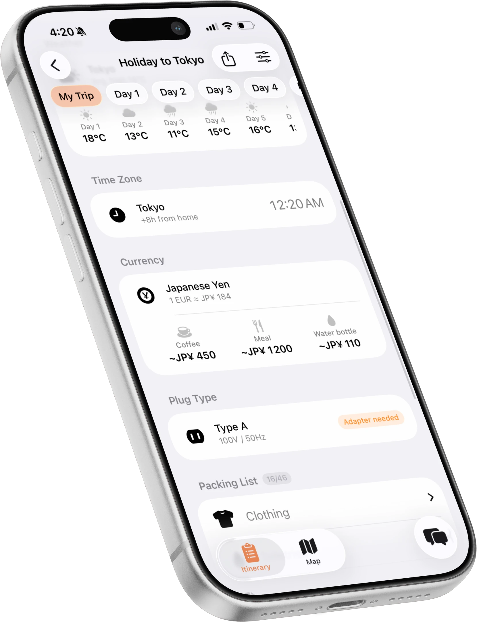 Tripstitch trip overview with time zone, currency, and packing list